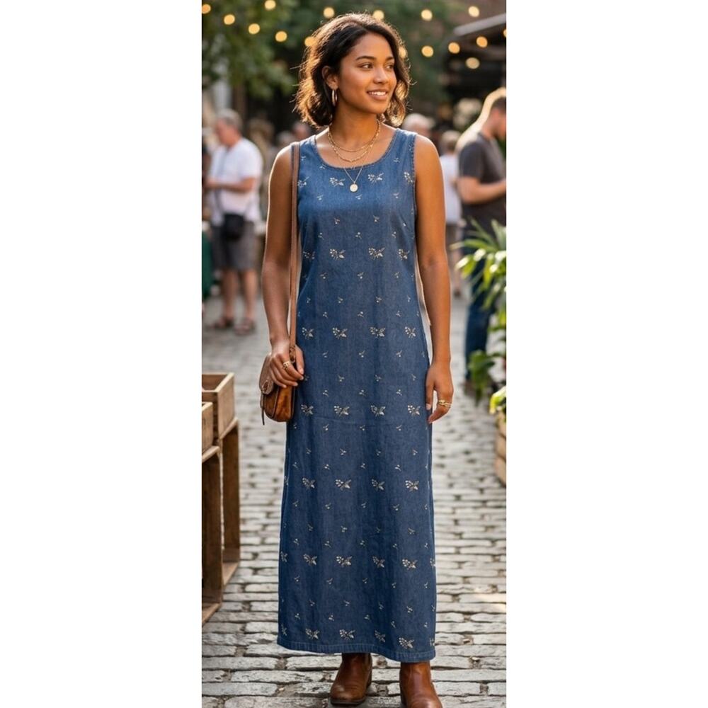 Vintage 90's Sophia Rose Embroidered Denim Chambray Jumper Maxi Dress